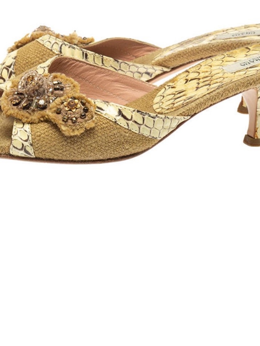 Prada Gold Textured Jute & Python Snakeskin Women’s Heels - Picture 10 of 15